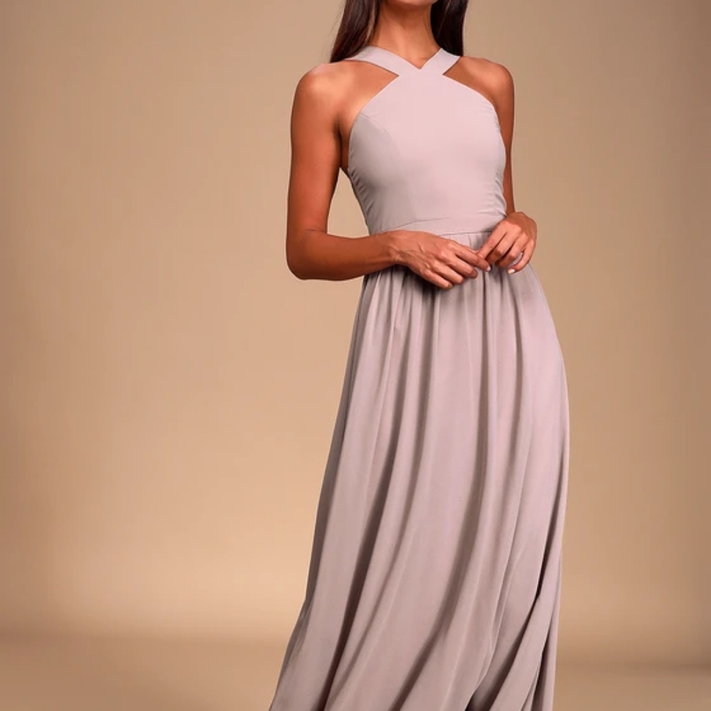 Lulu's Blush Taupe Crisscross Halter Prom Dress
